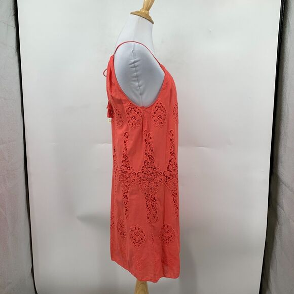 MSSP Max Studio Dress Women XS Extra Small Coral Halter Floral Crochet Keyhole - Picture 4 of 15